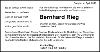 Traueranzeige von Bernhard Rieg von Gmünder Tagespost
