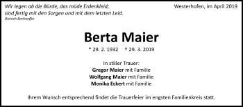 Traueranzeige von Berta Maier von Schwäbische Post
