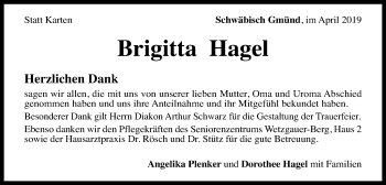 Traueranzeige von Brigitta Hagel  von Gmünder Tagespost