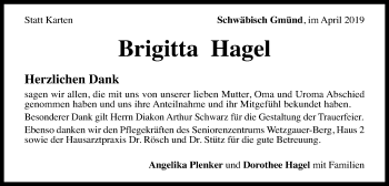 Traueranzeige von Brigitta Hagel 