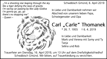 Traueranzeige von Carl Thomanek von Gmünder Tagespost