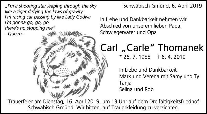  Traueranzeige für Carl Thomanek vom 10.04.2019 aus Gmünder Tagespost