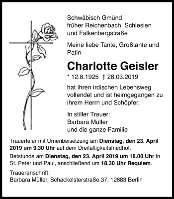 Traueranzeige von Charlotte Geisler von Gmünder Tagespost