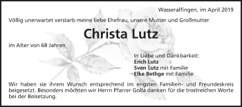 Traueranzeige von Christa Lutz von Schwäbische Post