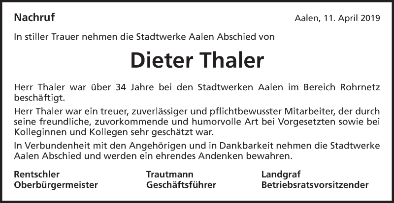  Traueranzeige für Dieter Thaler vom 16.04.2019 aus Schwäbische Post