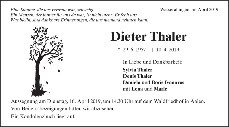  Traueranzeige für Dieter Thaler vom 12.04.2019 aus Schwäbische Post