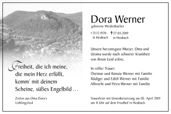 Traueranzeige von Dora Werner von Gmünder Tagespost