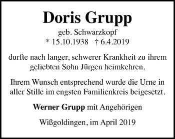 Traueranzeige von Doris Grupp von Gmünder Tagespost