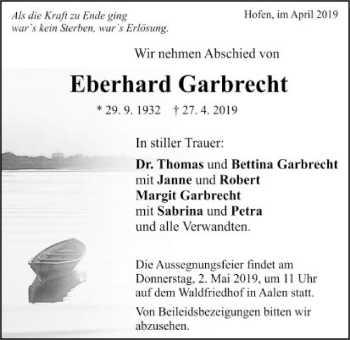 Traueranzeige von Eberhard Garbrecht von Schwäbische Post