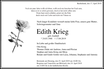 Traueranzeige von Edith Krieg von Gmünder Tagespost