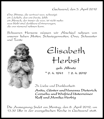 Traueranzeige von Elisabeth Herbst von Gmünder Tagespost