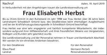 Traueranzeige von Elisabeth Herbst von Gmünder Tagespost