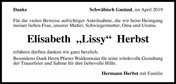 Traueranzeige von Elisabeth Lissy Herbst