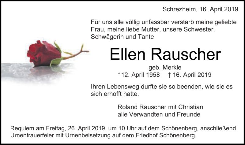  Traueranzeige für Ellen Rauscher vom 18.04.2019 aus Schwäbische Post