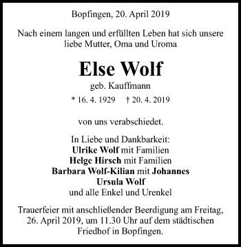 Traueranzeige von Else Wolf von Schwäbische Post