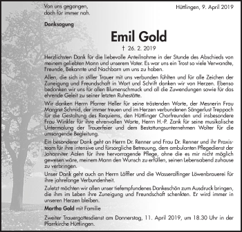 Traueranzeige von Emil Gold von Schwäbische Post
