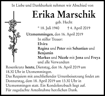 Traueranzeige von Erika Marschik von Schwäbische Post