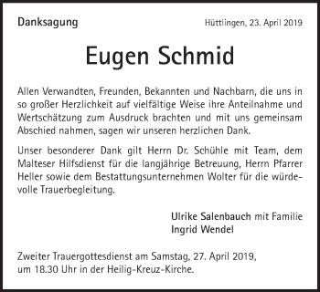 Traueranzeige von Eugen Schmid von Schwäbische Post