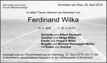 Traueranzeige von Ferdinand Wilka von Schwäbische Post