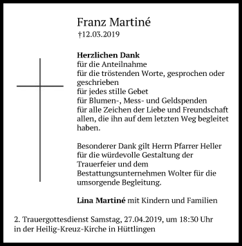 Traueranzeige von Franz Martiné von Schwäbische Post
