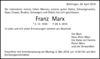 Traueranzeige von Franz Marx von Gmünder Tagespost