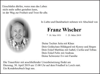 Traueranzeige von Franz Wischer von Gmünder Tagespost