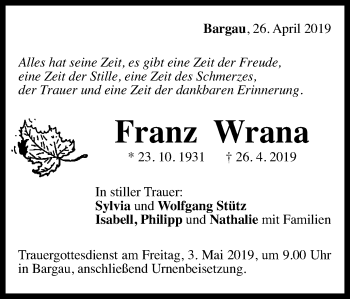 Traueranzeige von Franz Wrana von Gmünder Tagespost