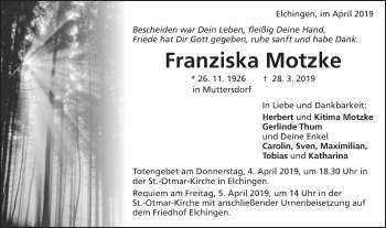 Traueranzeige von Franziska Motzke von Schwäbische Post