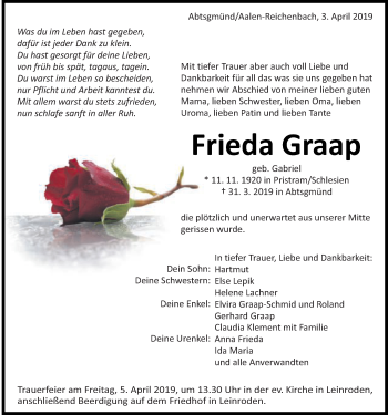 Traueranzeige von Frieda Graap von Schwäbische Post