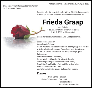 Traueranzeige von Frieda Graap von Schwäbische Post
