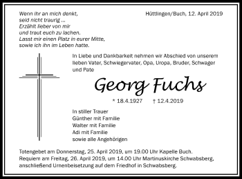 Traueranzeige von Georg Fuchs von Schwäbische Post