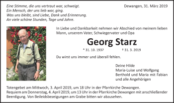 Traueranzeige von Georg Starz von Schwäbische Post
