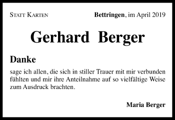 Traueranzeige von Gerhard Berger von Gmünder Tagespost