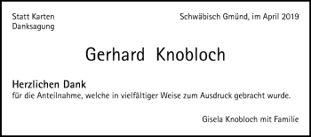 Traueranzeige von Gerhard Knobloch von Gmünder Tagespost