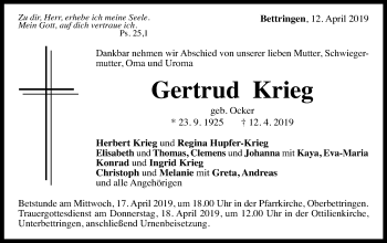 Traueranzeige von Gertrud Krieg von Gmünder Tagespost