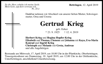 Traueranzeige von Gertrud Krieg