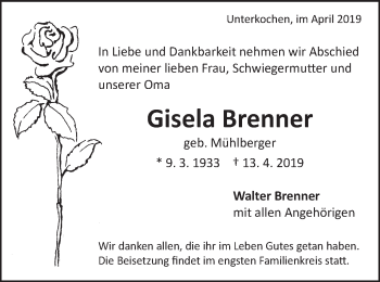 Traueranzeige von Gisela Brenner von Schwäbische Post