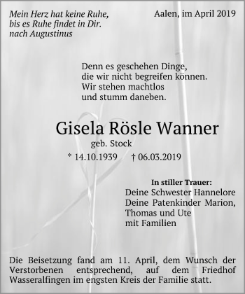 Traueranzeige von Gisela Rösle Wanner von Schwäbische Post