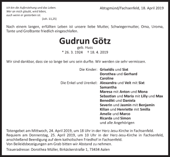 Traueranzeige von Gudrun Götz von Schwäbische Post