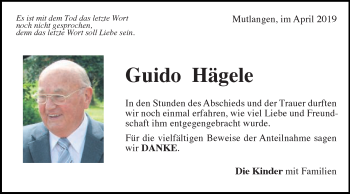 Traueranzeige von Guido Hägele von Gmünder Tagespost
