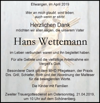 Traueranzeige von Hans Wettemann von Schwäbische Post