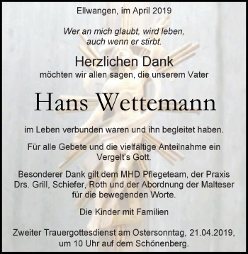 Traueranzeige von Hans Wettemann