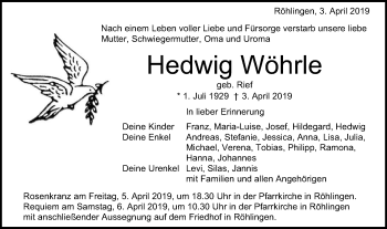 Traueranzeige von Hedwig Wöhrle