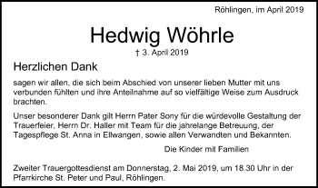 Traueranzeige von Hedwig Wöhrle von Schwäbische Post