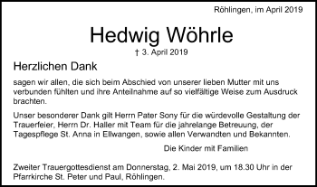 Traueranzeige von Hedwig Wöhrle