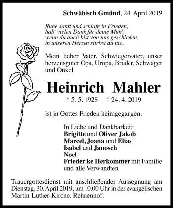 Traueranzeige von Heinrich Mahler von Gmünder Tagespost