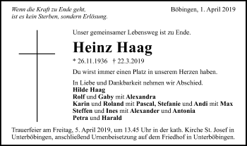 Traueranzeige von Heinz Haag von Gmünder Tagespost