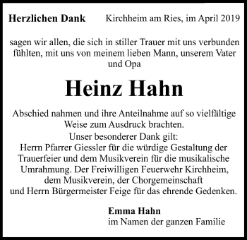 Traueranzeige von Heinz Hahn von Schwäbische Post