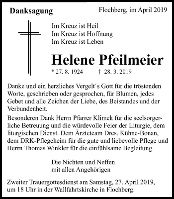 Traueranzeige von Helene Pfeilmeier von Bopfinger Stadtanzeiger