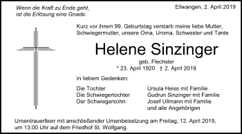 Traueranzeige von Helene Sinzinger von Schwäbische Post